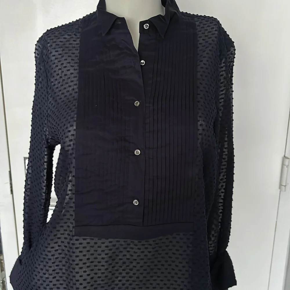 J. Crew Navy Pleated Swiss Dot Tuxedo Sheer Blouse - Picture 2 of 9